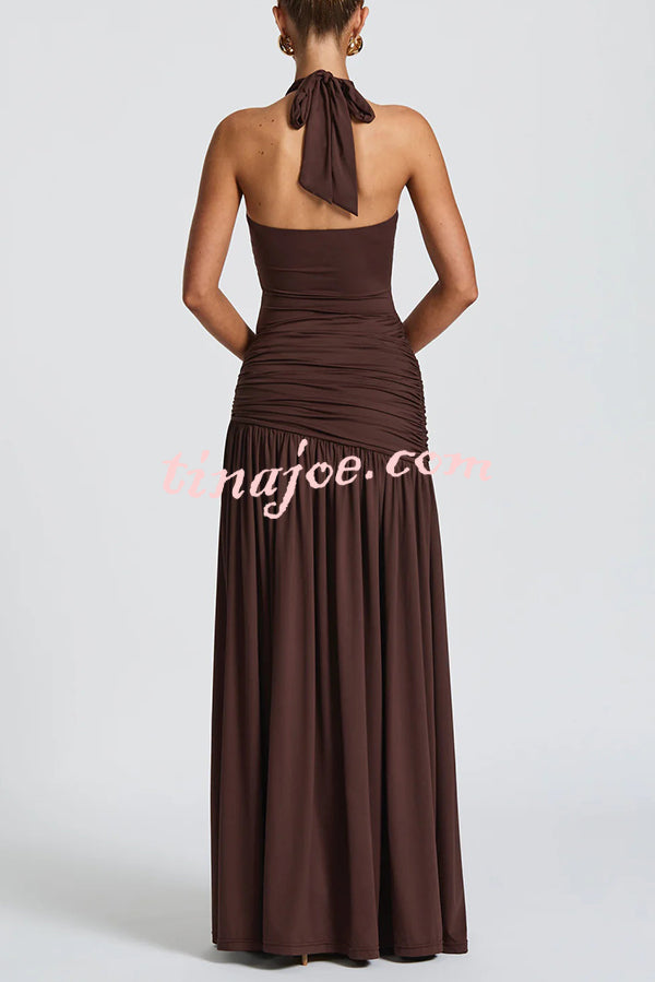 Solid Color Halter Neck Backless Slim Fit Pleated Slit Maxi Dress