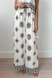 Unique Printed Round Neck Sleeveless Button Top and Elastic Waist Pocket Wide Leg Pants Set