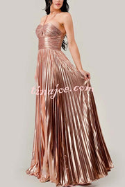 Make A Toast Metallic Fabric Cross Neck Cutout Slit Pleated Maxi Dress