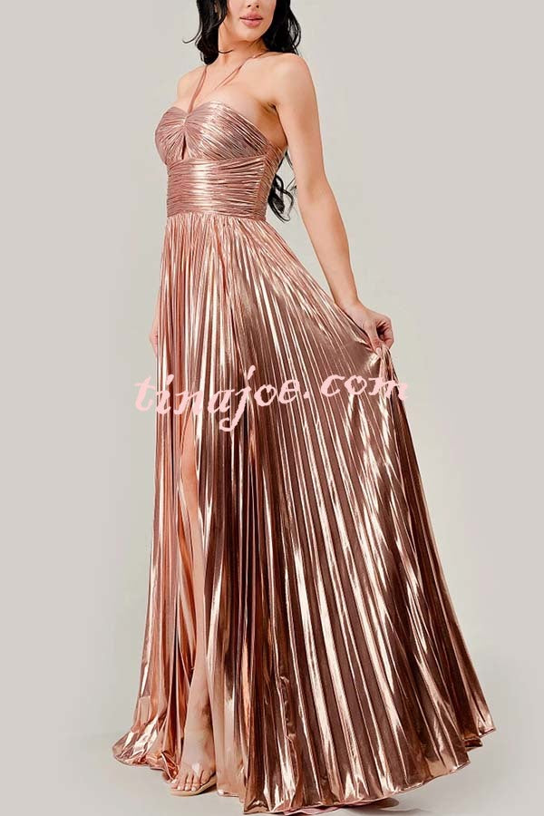 Make A Toast Metallic Fabric Cross Neck Cutout Slit Pleated Maxi Dress
