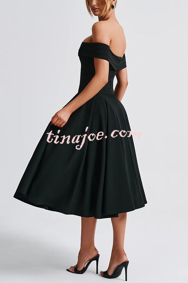 Princess Temperament Batdot Neck Pleat Detail Midi Dress