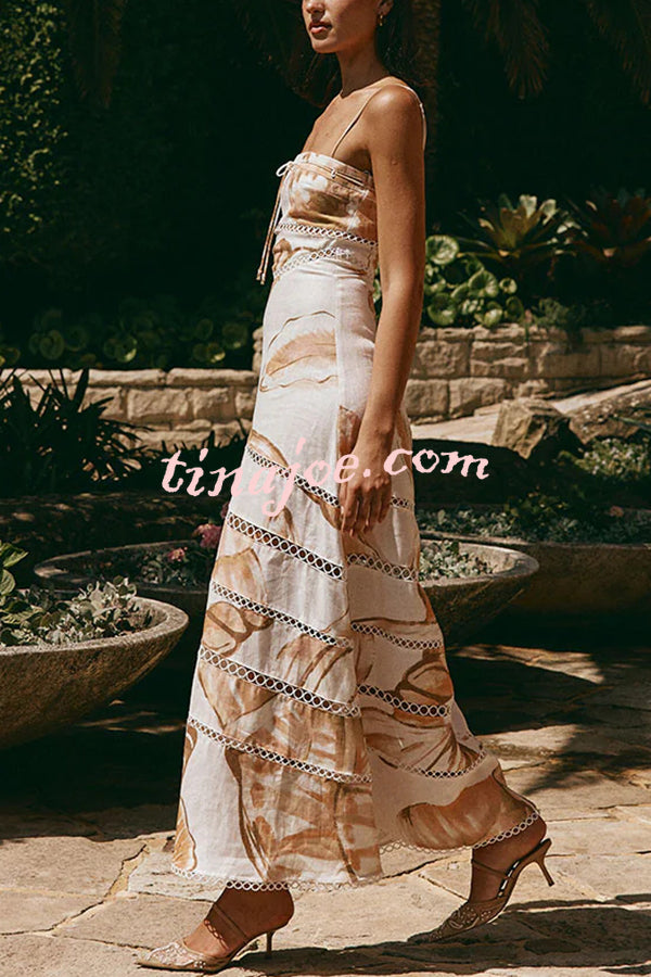 Daje Linen Blend Unique Print Round Hollow Trim Tie-up Bust Slip Maxi Dress