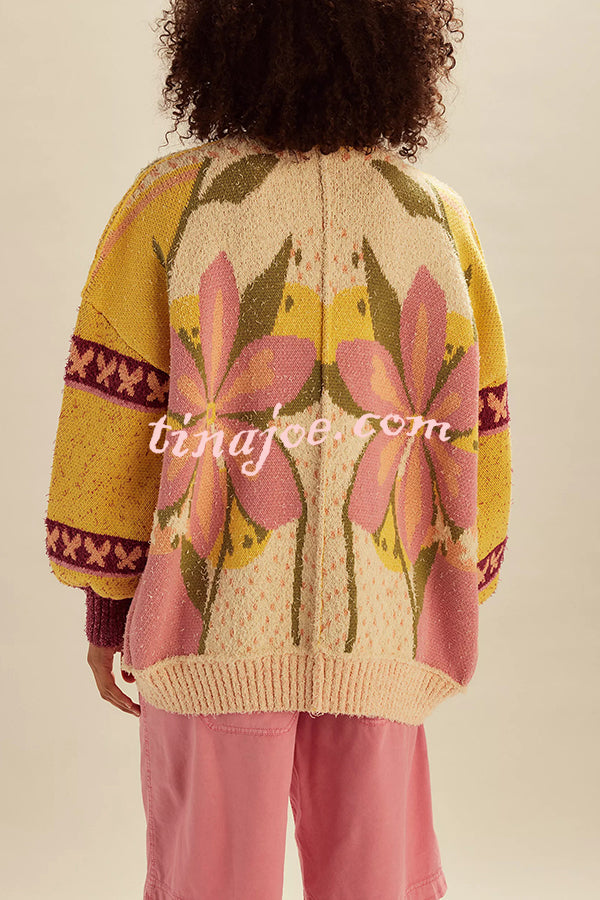 Floral Pattern Loose Long-sleeved Knitted Cardigan