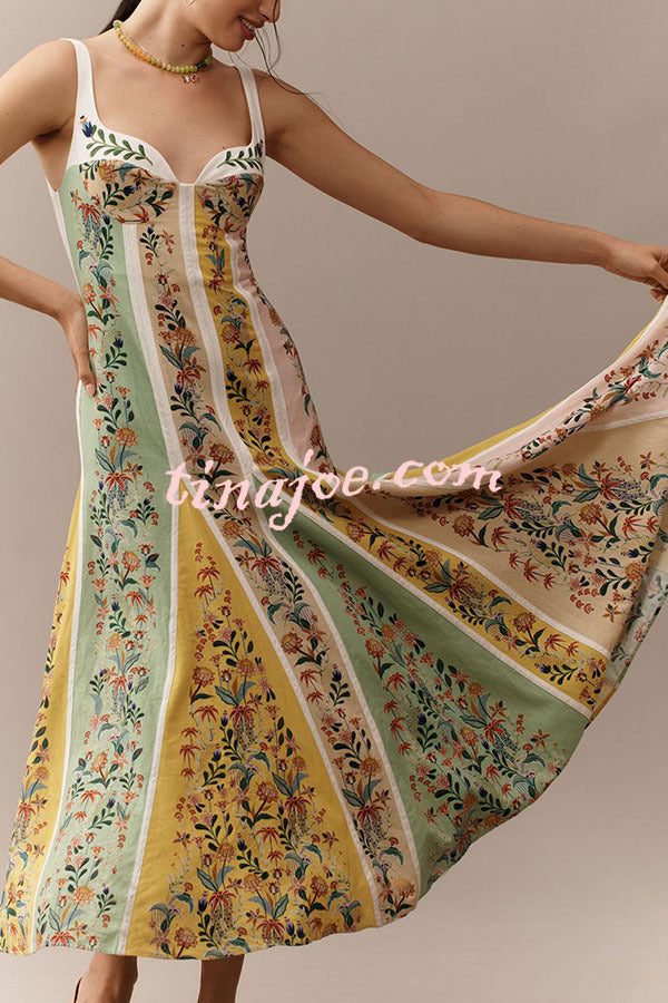 Sweet Garden Linen Blend Color Block Floral Paneled Maxi Dress