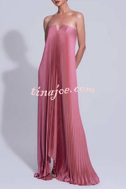 Darling Moment Satin Fabric Off Shoulder V-neck Asymmetric Hem A-line Maxi Dress