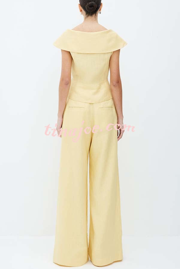 Velena Linen Blend Button Up Lapel Top and High Rise Pocket Wide Leg Pants Set