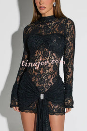 Sexy Body Language Lace Long Sleeve Wrap Tie-up Stretch Mini Dress