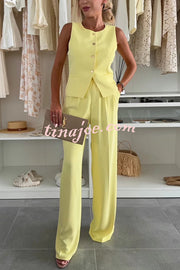 Workplace Chic Sleeveless Button Vest and Relaxed Pocket Wide Leg Pants Set