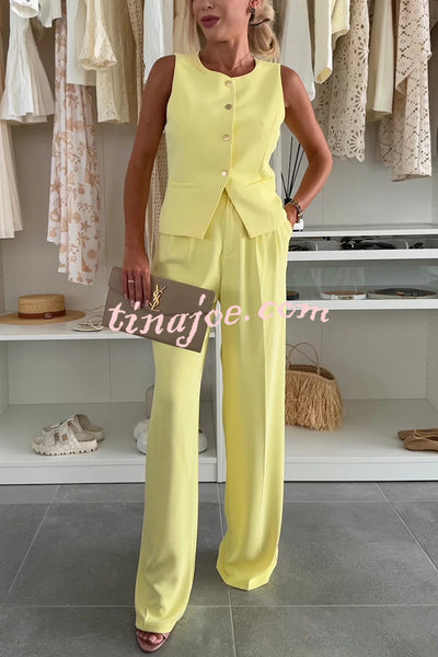 Workplace Chic Sleeveless Button Vest and Relaxed Pocket Wide Leg Pants Set