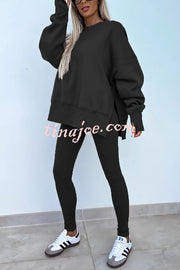 Solid Color Loose Long Sleeve SlitSweatshirt and Elastic Waist Tight Pants Set