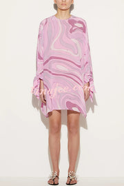 Micah Satin Unique Print Slit Tie-up Sleeve Shift Kaftan Mini Dress