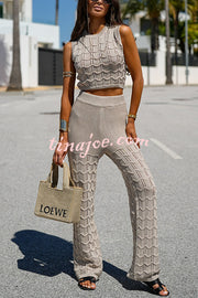 Solid Color Hollow Sleeveless Round Neck Knitted Vest and Stretch Casual Straight Pants Set