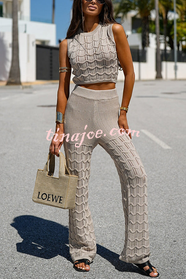 Solid Color Hollow Sleeveless Round Neck Knitted Vest and Stretch Casual Straight Pants Set