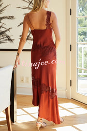 Sexy Lace Stitching Suspender V-neck Asymmetrical Maxi Dress