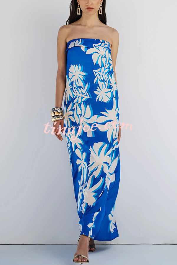 Fashion Vacation Satin Unique Print Off Shoulder Maxi Dress