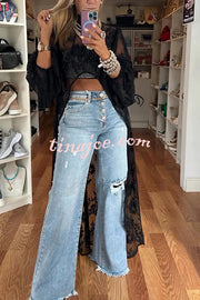 Fashion Denim Button Pocket Ripped Raw Edge Loose Jeans