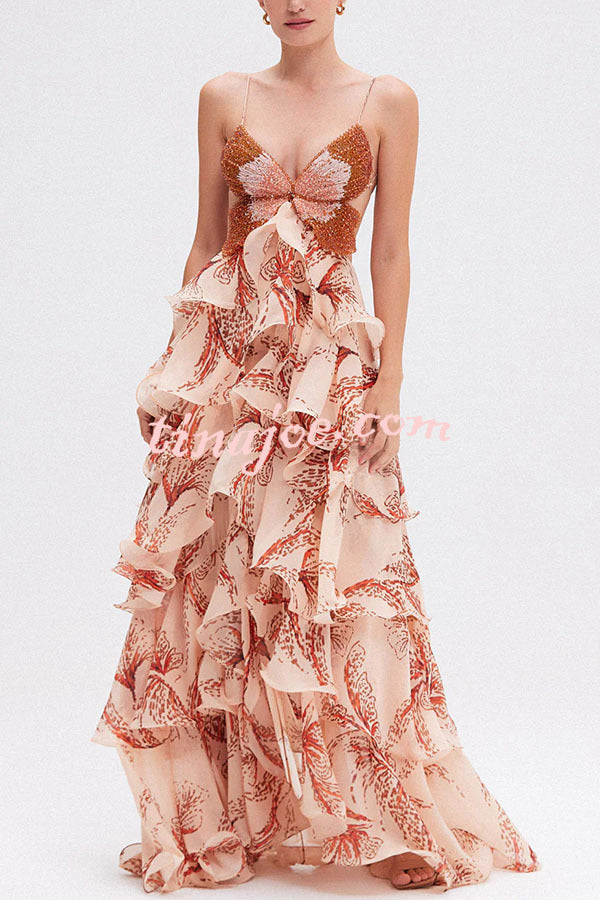 Ariae Butterfly Print Multi-layered Ruffles Backless Tie-up Maxi Dress