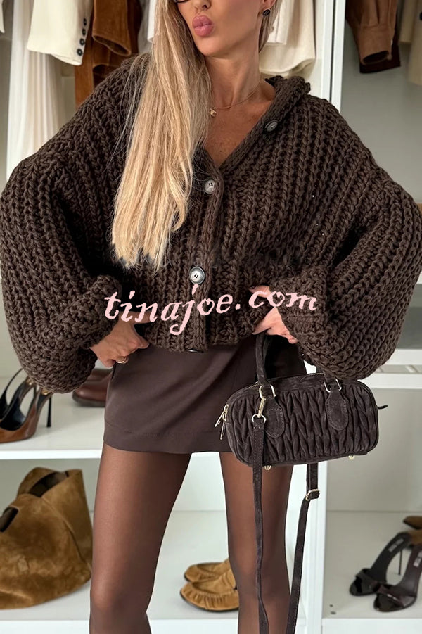 Warm Day Knit Button Up Long Balloon Sleeve Hooded Loose Cardigan