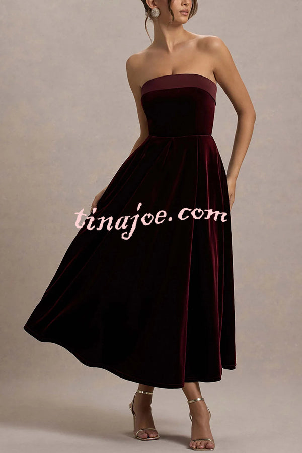 Center of Attention Velvet Satin Neck Bandeau Pleated Midi Dress