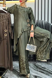 Leopard Print Button-decorated Round Neck Long-sleeved Irregular Casual Top and Elastic Waist Loose Pocket Pants Set