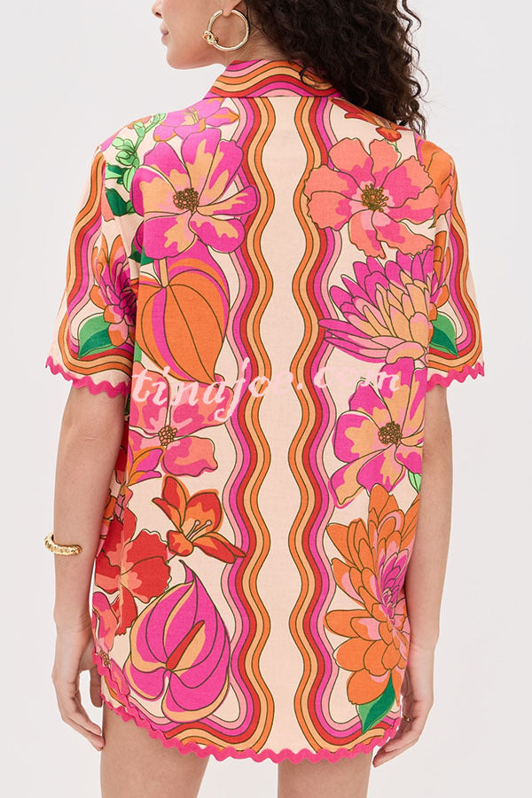 Neima Unique Print Wave Trim Button Up Short Sleeve Shirt and Elastic Waist Pocket Loose Shorts Set