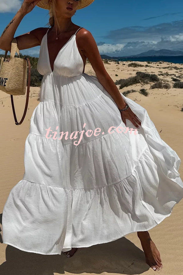 Bohemian Style V-neck Backless Slip Layered Vacation Maxi Dress