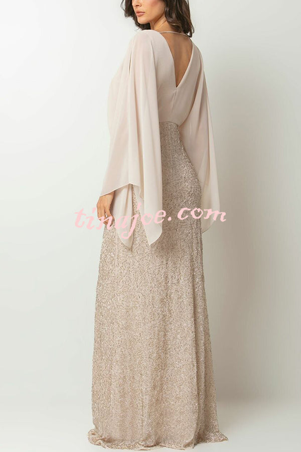 Aleina Chiffon Batwing Sleeve Flower Embroidered Waist Sequin Fabric Maxi Dress