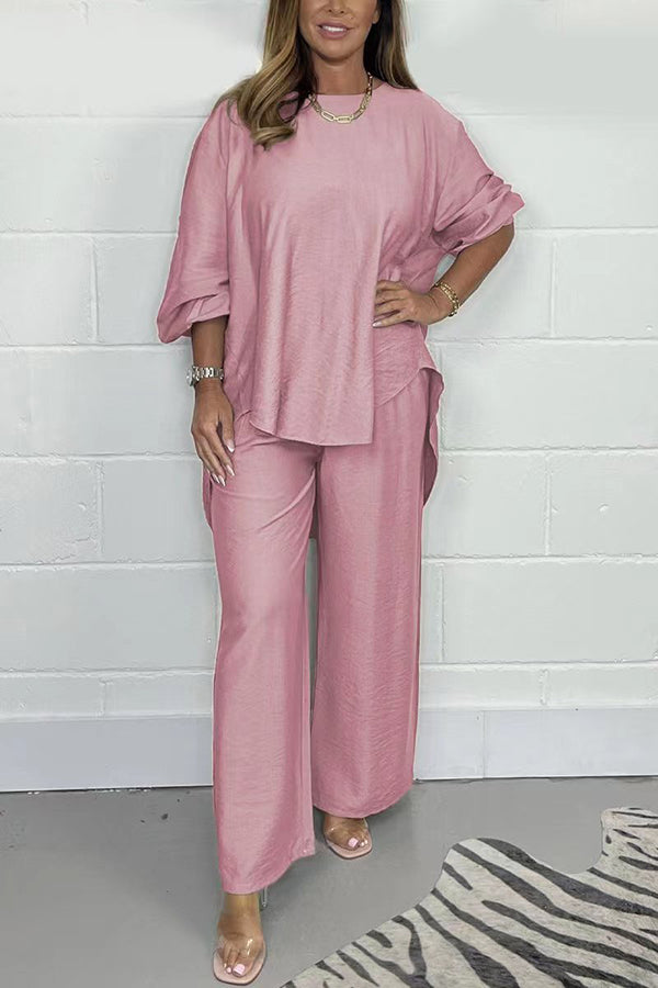 Satin Solid Color Loose Round Neck Top and Elastic Waist Casual Wide-leg Pants Set