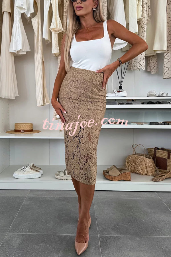 Lesia Floral Lace High Rise Slit Stretch Midi Skirt