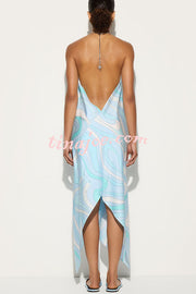 Elmhurst Satin Unique Print Chain Halter Draped Scarf Midi Dress