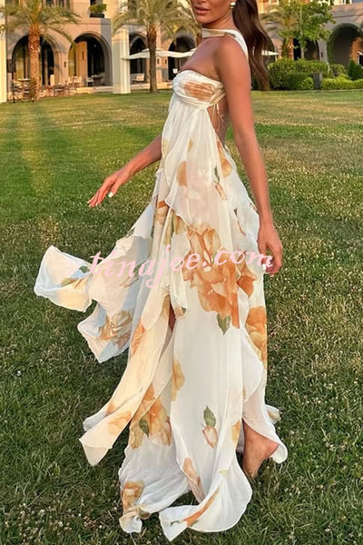 Mariah Floral Print Starfish Brooch Inverted Halter Neck Slit Ruffles Maxi Dress