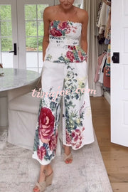In To The Summer Linen Blend Floral Print Elastic Bandeau and Elastic Waist Pocket Loose Pants Set