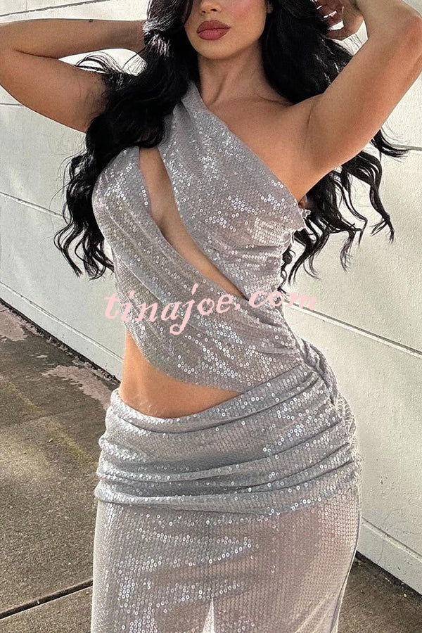 Only Yours Sequin One Shoulder Cutout Asymmetrical Plunge Stretch Maxi Dress