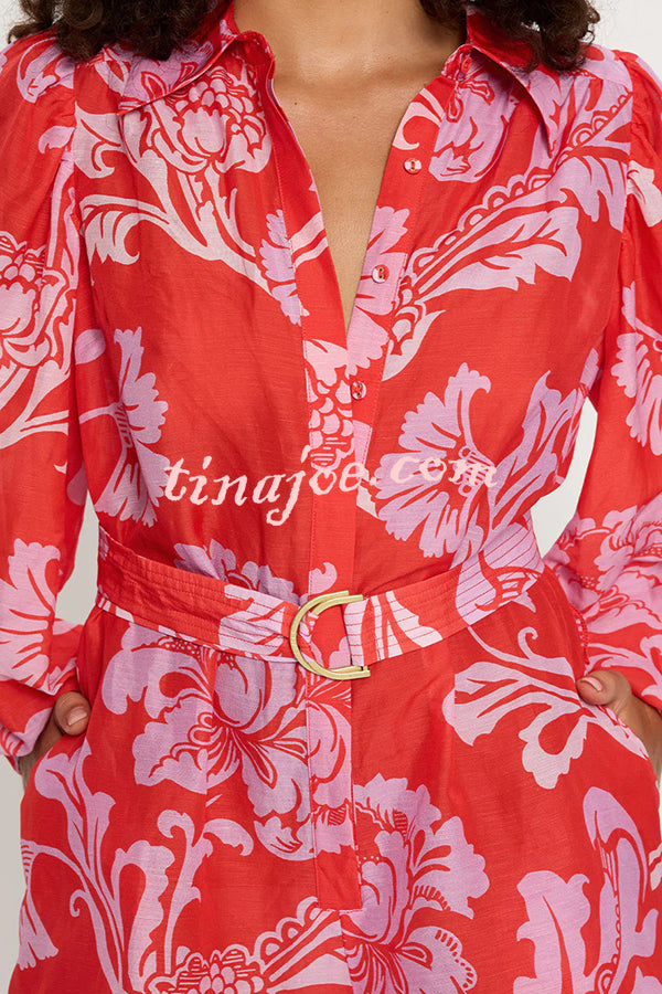 Linen Blend Botanical Print Lapel Puff Sleeve Loose Tie Casual Rompers