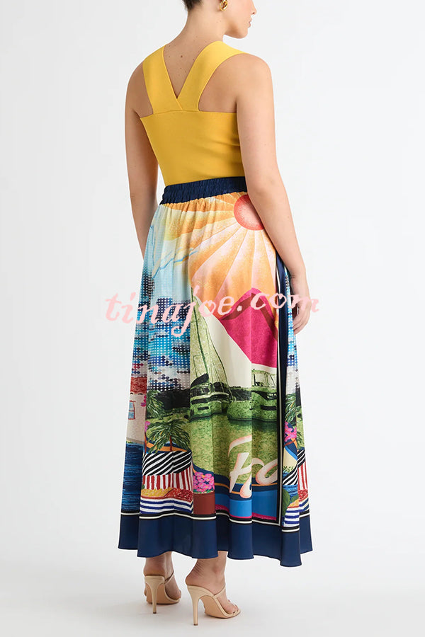 Seaside Holiday Satin Unique Print Knotted Scarf Top and Elastic Waist Loose Maxi Skirt Set