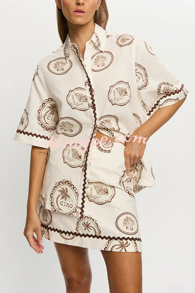 Resort Style Print Lapel Short Sleeve Shirt and Casual Mini Skirt Set