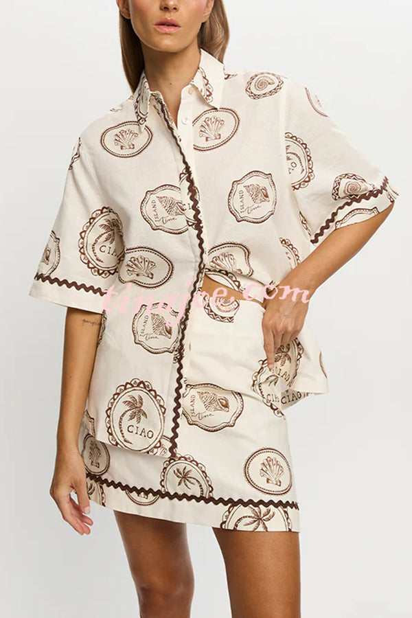 Resort Style Print Lapel Short Sleeve Shirt and Casual Mini Skirt Set