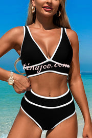 Solid Color Contrast High Waist Stretch Bikini Swimsuit