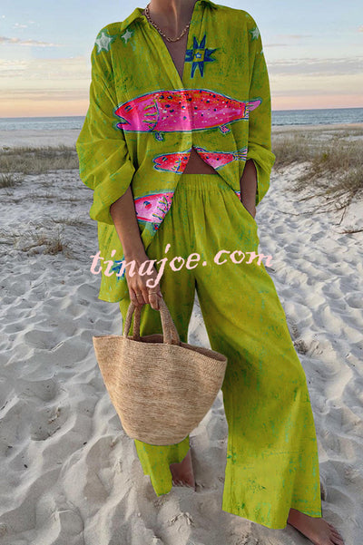 Exotic Fish Print Oversized Shirt and Elastic Waist Pocket Pants Set