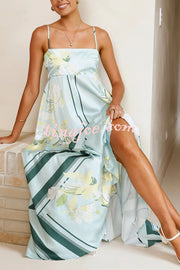 Botanical Print Square Neck Suspender Casual Full Hem Maxi Dress