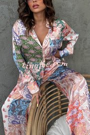 Unique Ethnic Print Long-sleeved Shirt and Elastic Waist Pants Set