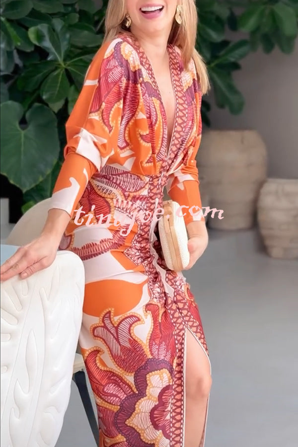 Brazilian Style Unique Print Dolman Long Sleeve Ruched Slit Midi Dress