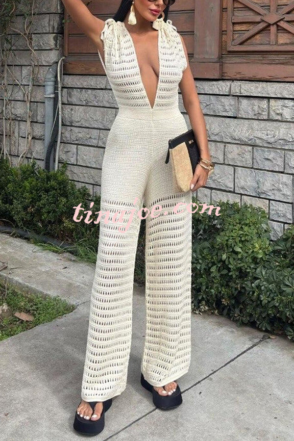 Solid Color Knitted V-neck Holiday Hollow Casual Jumpsuit