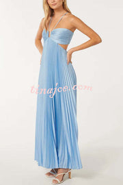 Caught Your Eye Satin Pleated Cross Straps Cutout Flowing Maxi Dress