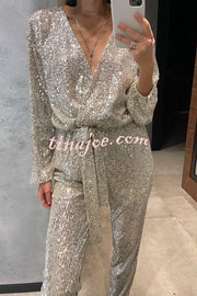 Cheers To You Sequin Long Sleeve Belted Wrap Loose Jumpsuit