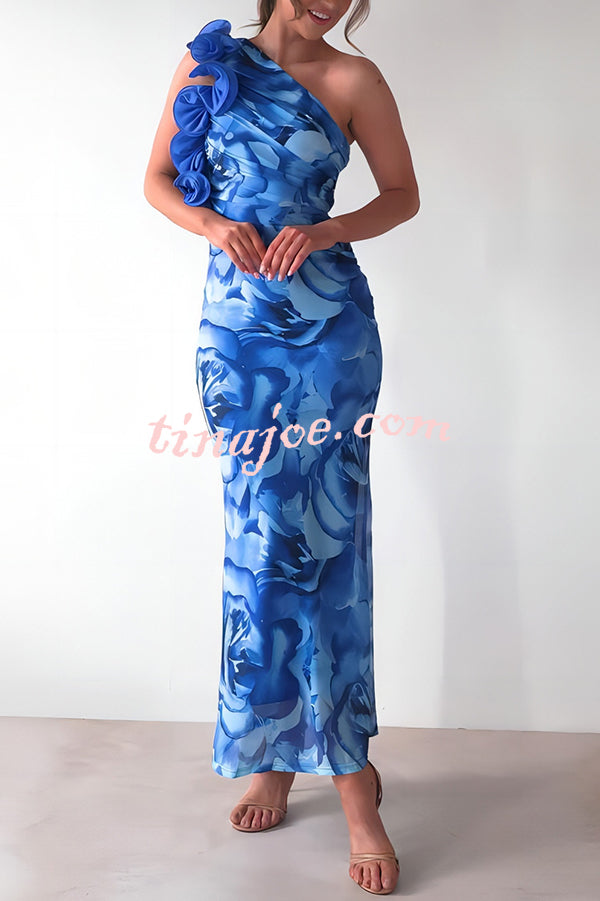 Floral Print Sleeveless 3D Flower One Shoulder Slim Maxi Dress