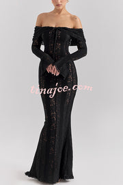 Outline The Curve Floral Lace Off Shoulder Bell Sleeve Stretch Maxi Dress