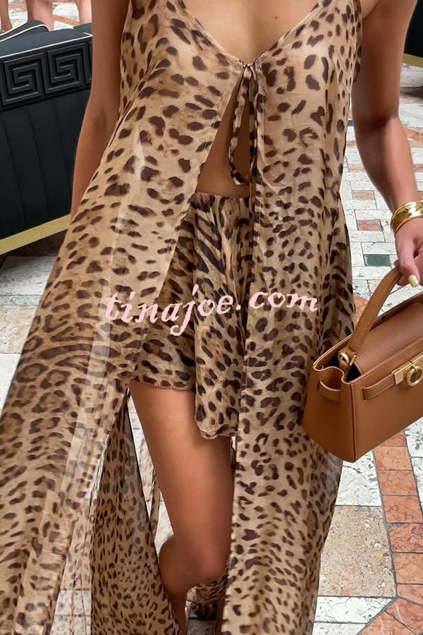 Immerse Vacation Leopard Tie-up Slit Midi Top and Elastic Waist Shorts Set