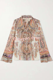 Feeling Dreamy Paisley Print Ruffle Jacquard Bell Sleeve Loose Blouse