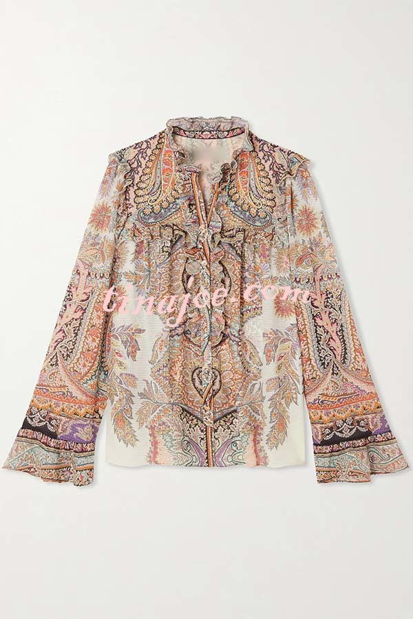 Feeling Dreamy Paisley Print Ruffle Jacquard Bell Sleeve Loose Blouse